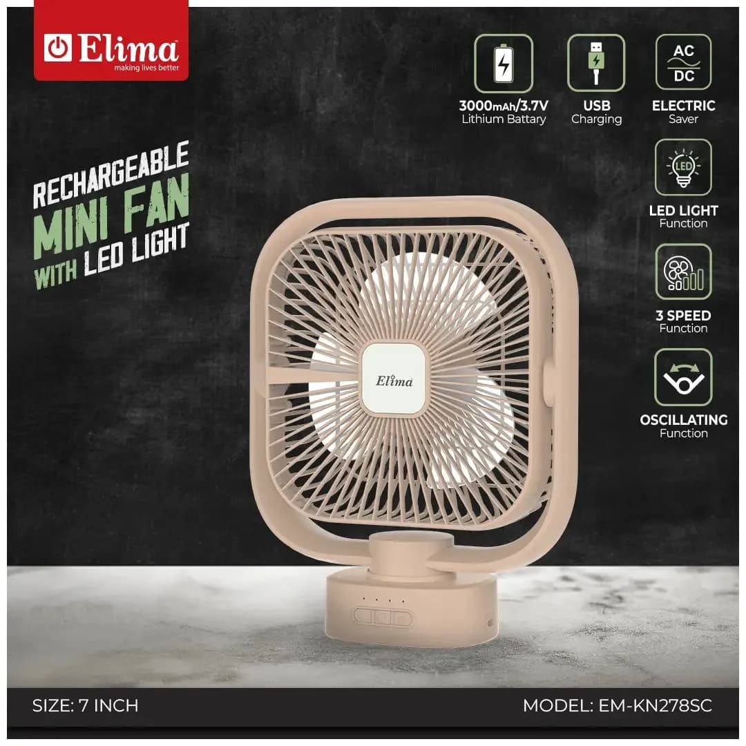 Rechargeable 7-Inch Mini Fan EM-KN278SC 3000mAh Battery, AC/DC, USB Charging, LED Light, 3-Speed Control