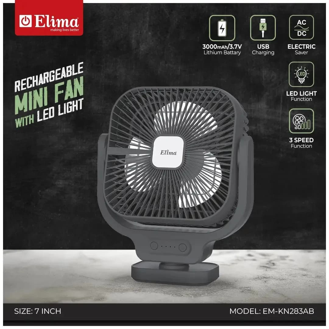 Rechargeable 7-Inch Mini Fan EM-KN283AB 3000mAh Battery, AC/DC, USB Charging, LED Light, 3-Speed Control