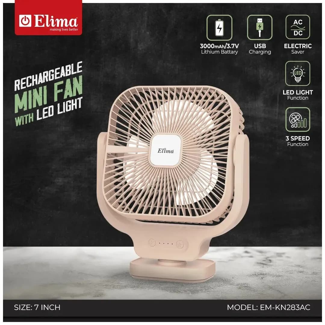 Rechargeable7-Inch Mini Fan EM-KN283AC 3000mAh Battery, AC/DC, USB Charging, LED Light, 3-Speed Control