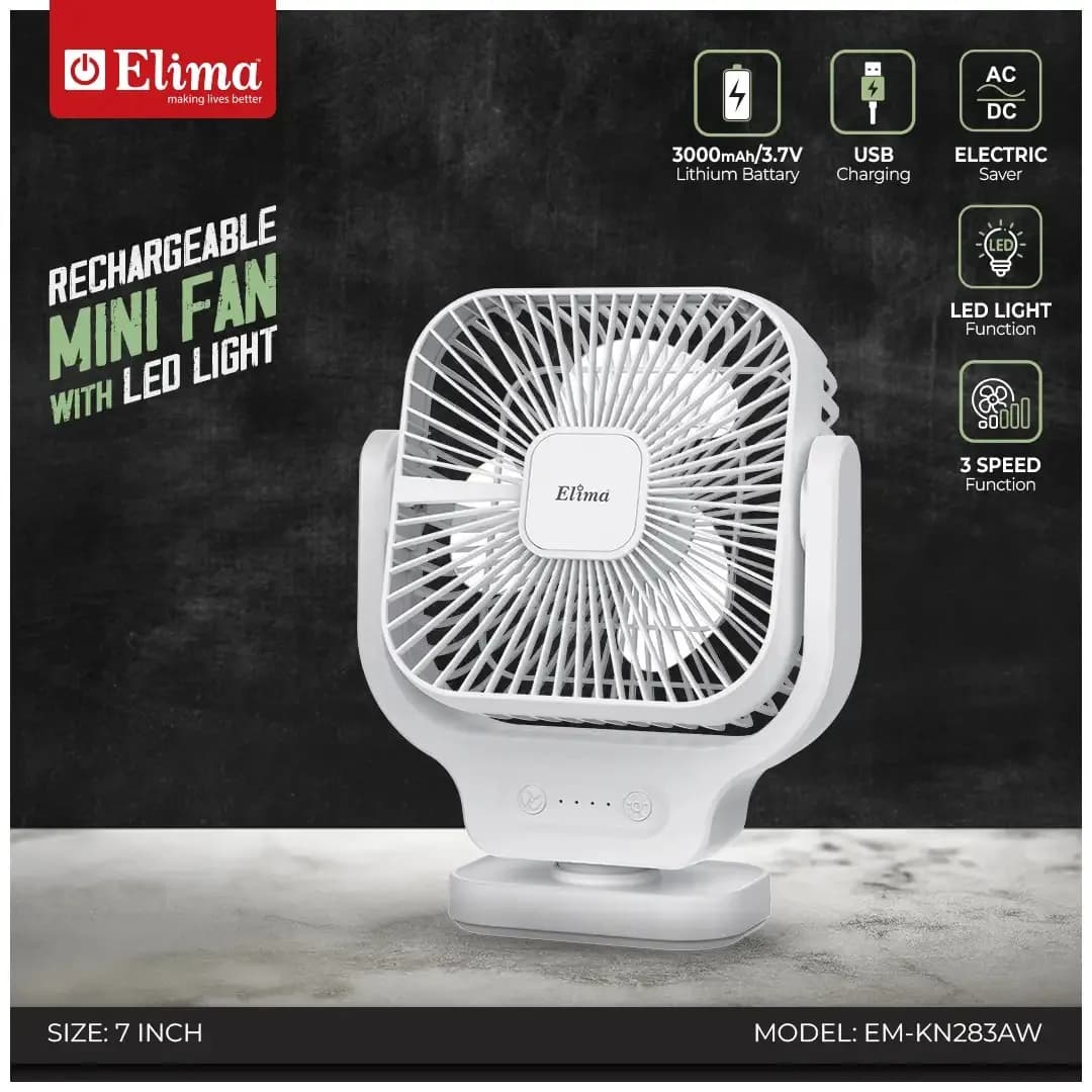 Rechargeable7-Inch Mini Fan EM-KN283AW 3000mAh Battery, AC/DC, USB Charging, LED Light, 3-Speed Control