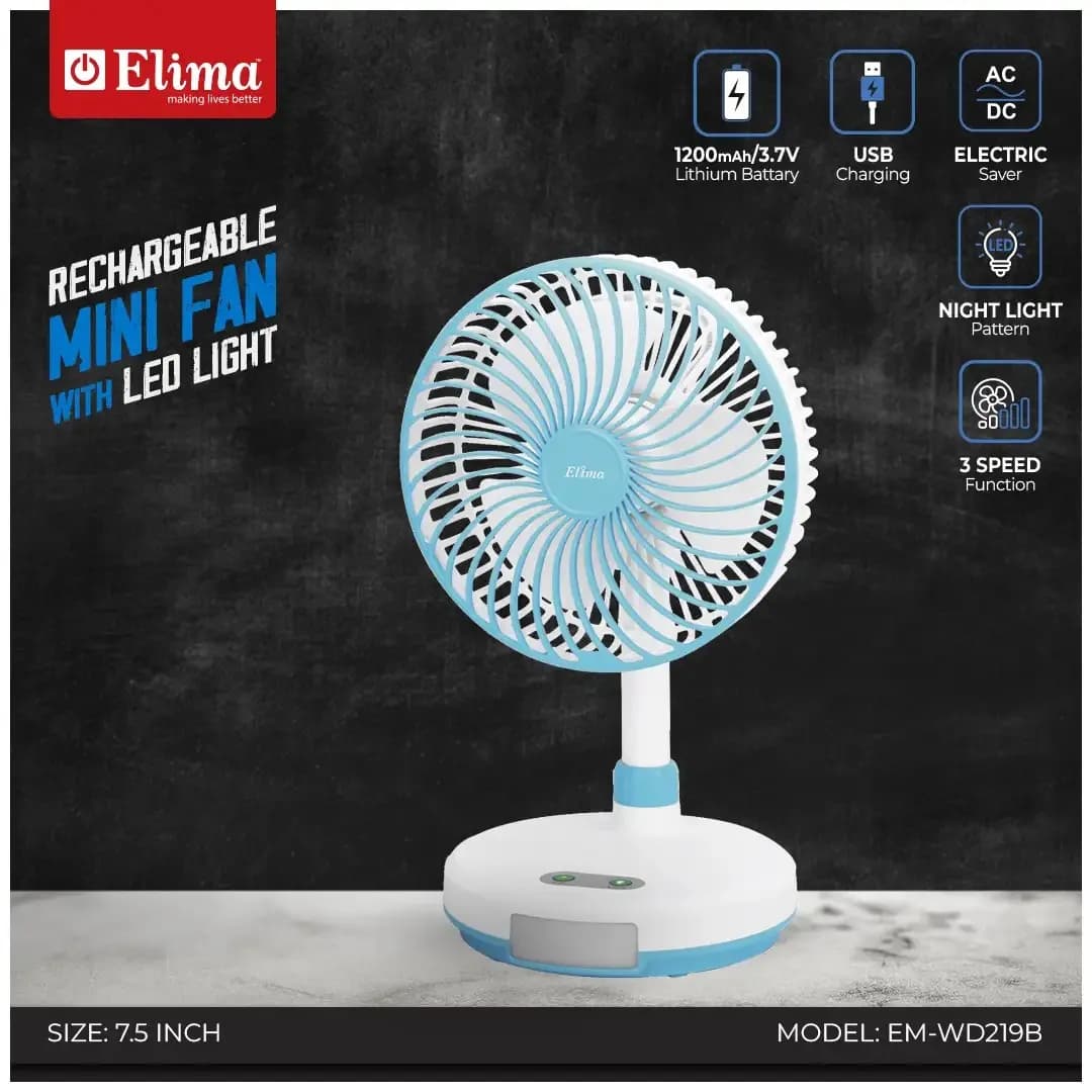 EM-WD219B Rechargeable Fan – 7.5 Inch | USB Charging | Type-C Input | Night Light Pattern | 3-Speed Table Fan