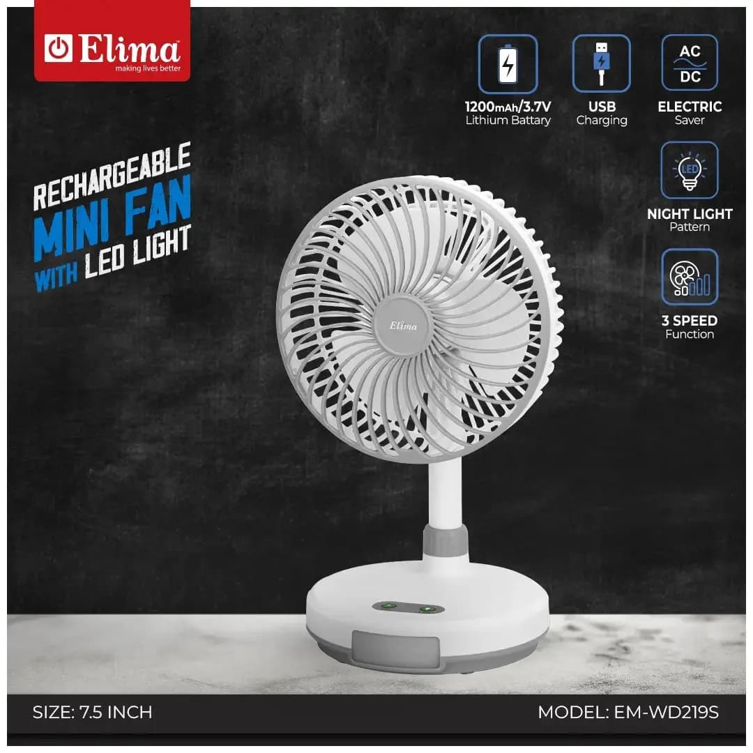 EM-WD219S Rechargeable Fan – 7.5 Inch | USB Charging | Type-C Input | Night Light Pattern | 3-Speed Table Fan