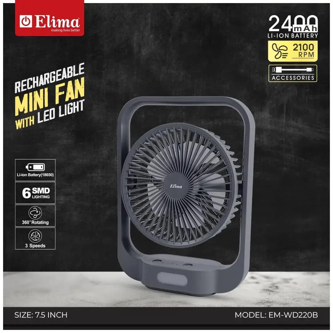 EM-WD220B Rechargeable Fan- 2400mAh Li-ion Battery | 7.5 Inch 48 SMD Light | 360° Rotating Portable Table Fan