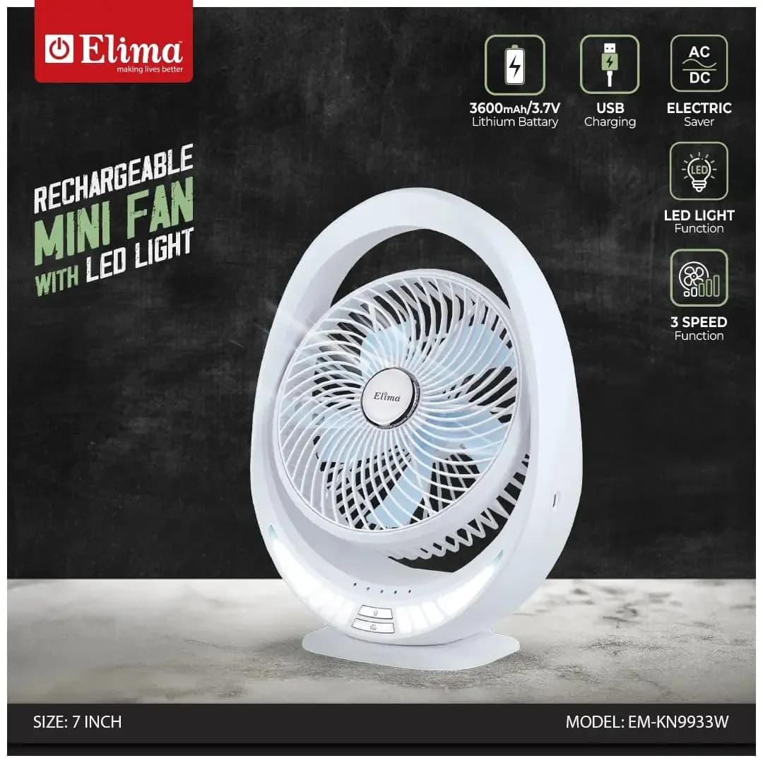 EM-KN9933W Rechargeable 7 Inch Mini Fan with LED | Portable & Long Backup