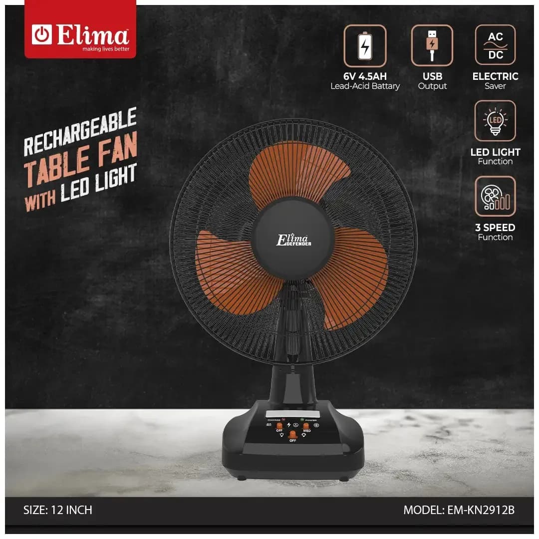 EM-KN2912B Rechargeable 12-Inch Table Fan with LED | 6V 7.0Ah Battery | AC/DC | Long Backup Air Circulation Fan