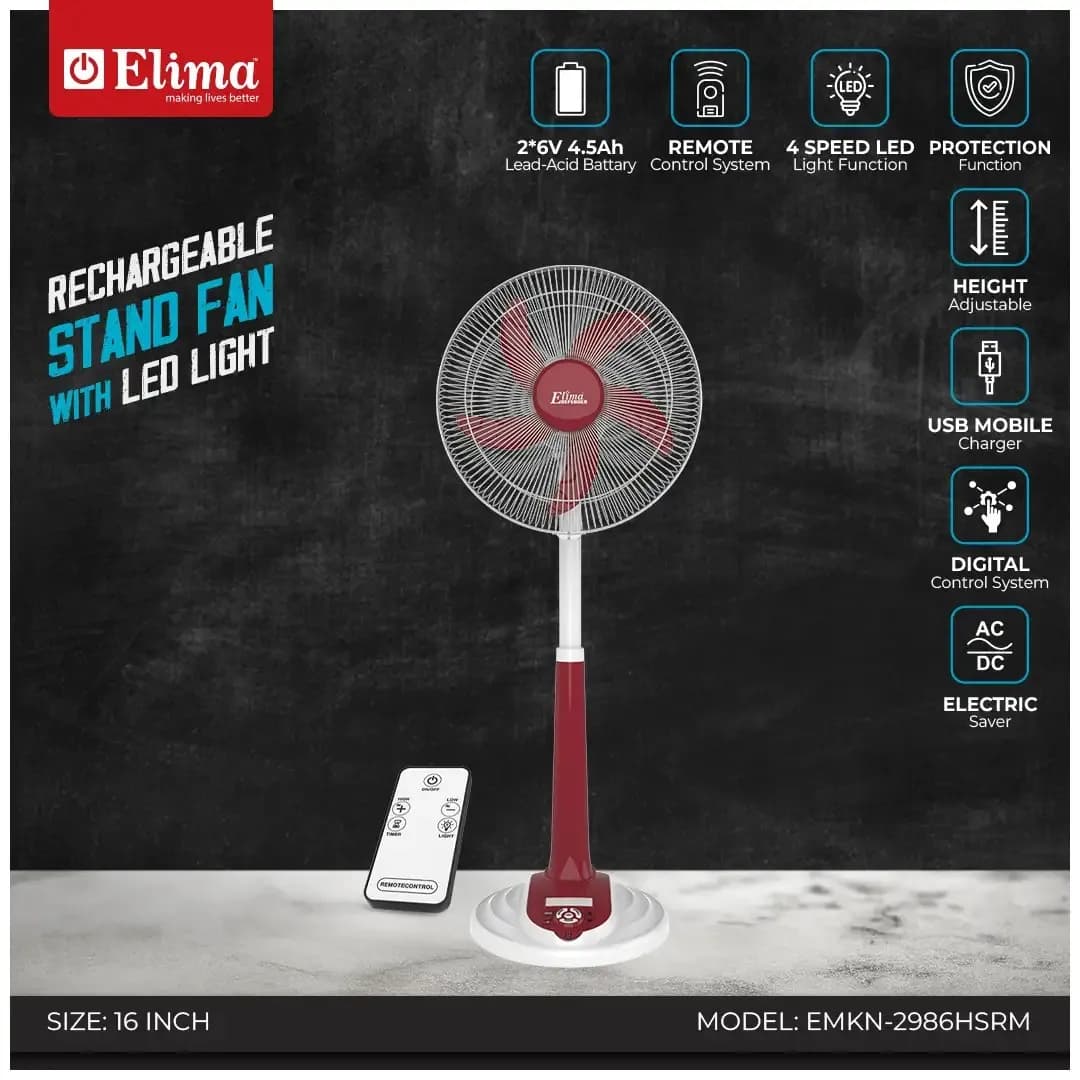 EMKN-2986HSRM Rechargeable Stand Fan with LED Light – Long Battery Backup & Powerful Airflow for Home & Office