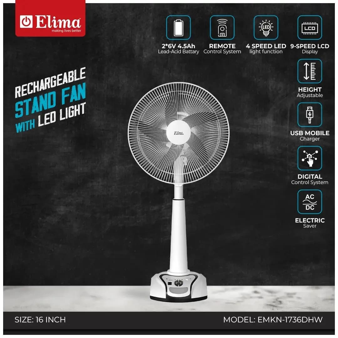 EMKN-1736DHW Rechargeable Stand Fan with LED Light | Long Backup & Powerful Airflow